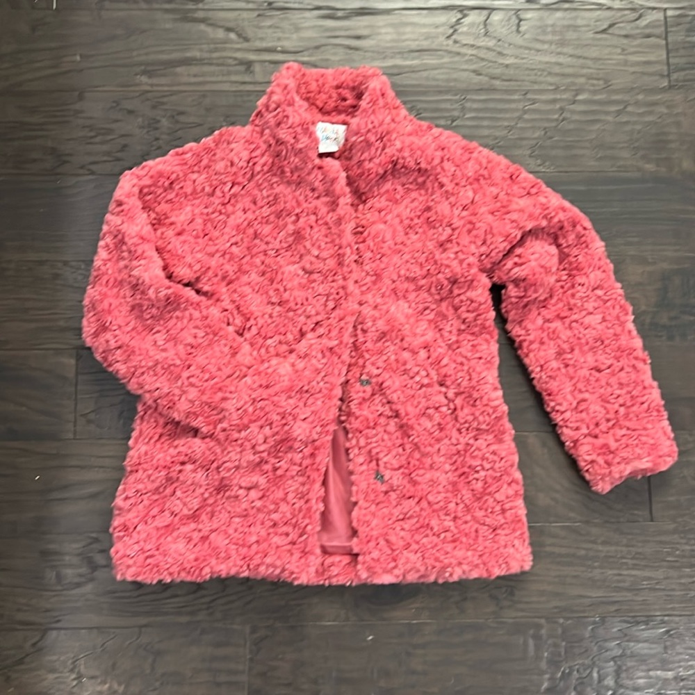 Colorful Planet, girls pink Faux curly fur teddy coat, snap front w/ pockets, L